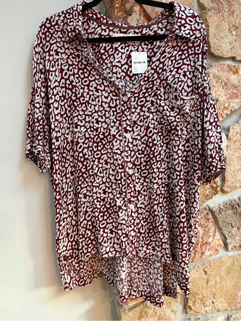 NWT Free People Burgundy & White Leopard-Print Button Front Top